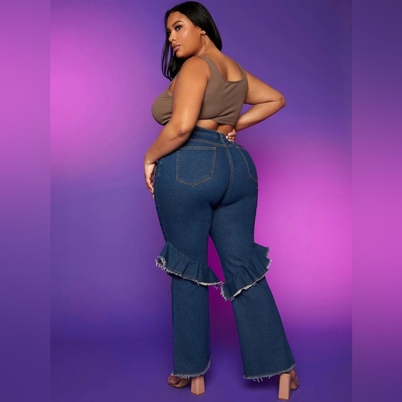 SHEIN Plus High Waist Raw Ruffle Trim Flare Leg Jeans Blue 1XL - Picture 3 of 7